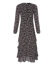 Load image into Gallery viewer, Black Tiered Swirling Ditsy Dress
